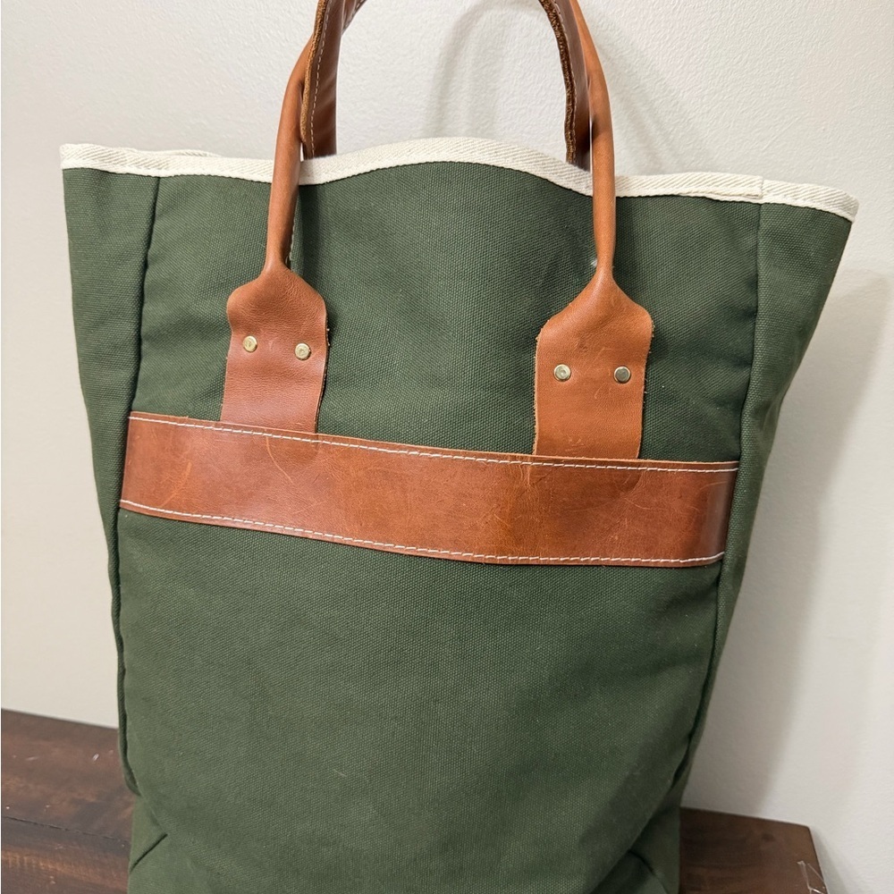 Rugged Green and Brown Canvas Tote Bag - Picture 4 of 6